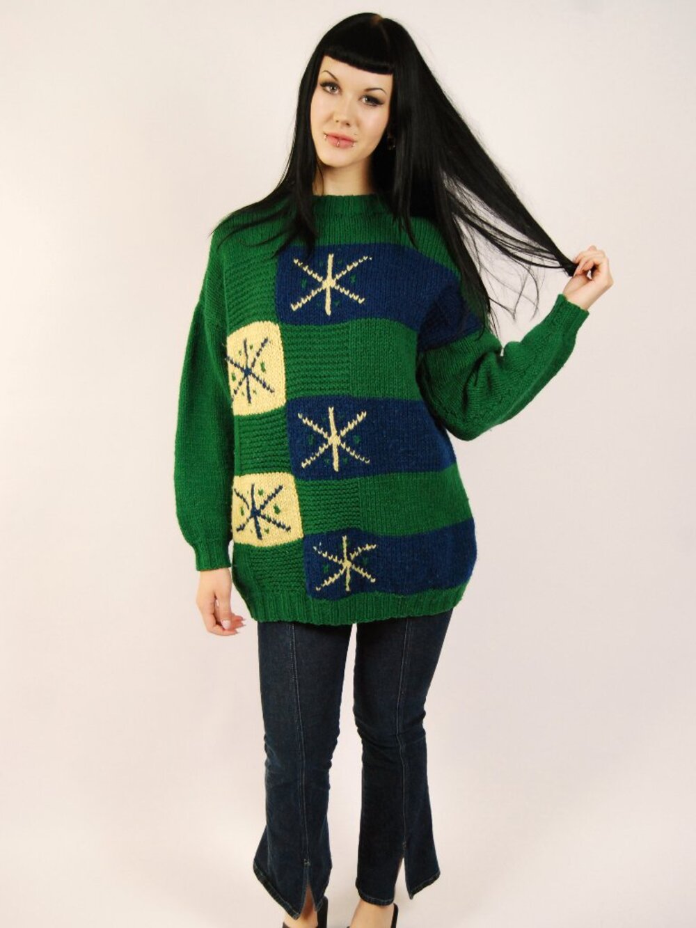 60s Snowflake Sweater (L) large green blue vintage hand knit winter holiday cute